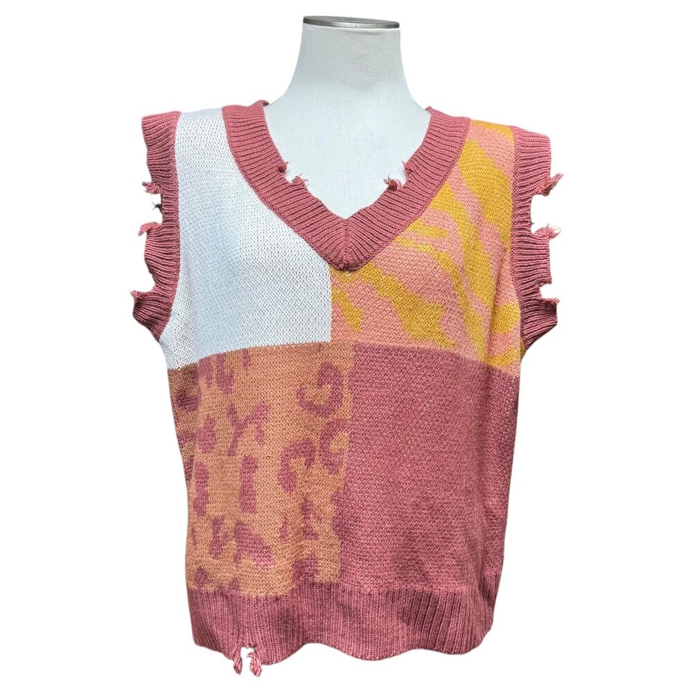 Umgee Wild Ride Sweater Vest Distressed V-Neck Red Brick Animal Print Small